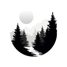 Beautiful Nature Landscape With Silhouettes Of Forest Coniferous Trees, Mountains And Sun, Natural Scene Icon In Geometric Round Shaped Design, Vector Illustration In Black And White Colors