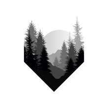 Beautiful Nature Landscape With Silhouettes Of Trees, Mountains, Sunset Of Big Sun, Natural Scene Icon In Geometric Shape Design, Vector Illustration In Black And White Colors