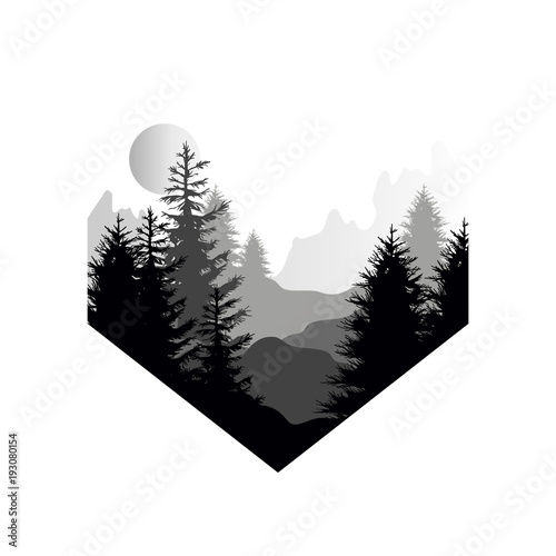 Beautiful Nature Landscape With Silhouette Of Coniferous