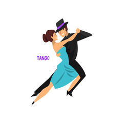 Sticker - Professional dancer couple dancing tango, pair of young man and woman dressed in elegant clothing performing dance vector Illustration on a white background