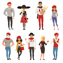 French Male And Female Characters, People Dressed In Traditional Parisian Style Vector Illustrations