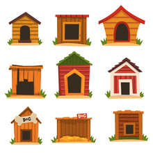 Wooden Dog House Set, Dogs Kennel Cartoon Vector Illustrations