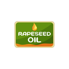 Wall Mural - Rectangular label for rapeseed oil. Packaging design for organic product. Graphic element for promotional placard, banner or flyer. Colorful flat vector illustration