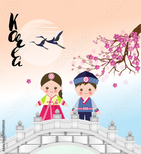 Cute Girl And Boy Standing On A Bridge Under Sakura Tree In Korean Traditional Costume With Sunset Cartoon Style For Happy New Year Card Festival Banner Spring Background Vector Illustration Stock Vector Adobe Stock