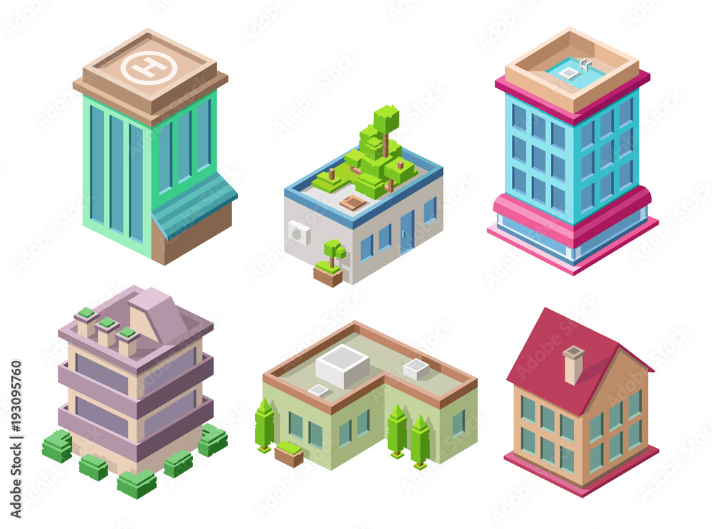 Isometric residential buildings and city houses vector illustration 3d ...