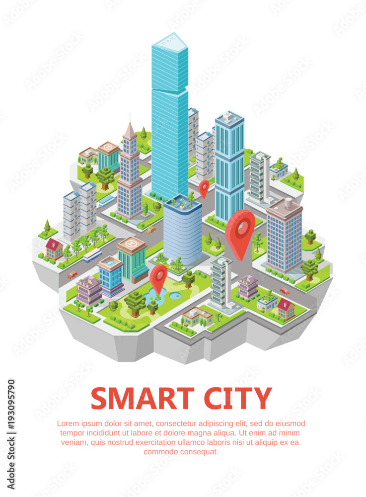 Isometric smart city vector illustration of residential town ...
