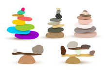 Set Of Harmony And Balance, Colorful Stone Cairn Pebbles. Vector Illustration. Isolated On White Background