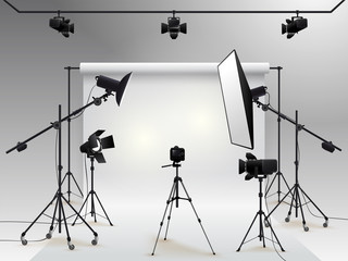 photography studio vector. photo studio white blank background with soft box light, camera, tripod a