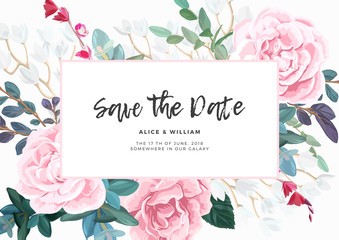 Wall Mural - Floral wedding invitation with pink roses on white background. Horizontal RSVP or save the date template. Classic vector design.