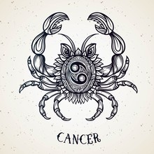 Beautiful Line Art Filigree Zodiac Symbol. Black Sign On Vintage Background.Elegant Jewelry Tattoo.Engraved Horoscope Symbol.Doodle Mystic Drawing With Calligraphy Lettering.Cancer