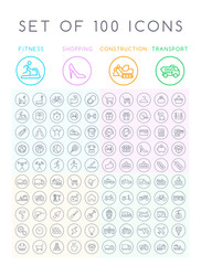 Set of 100 Universal Minimal Black Stroke Icons on Circular Buttons on White Background ( Fitness Shopping Construction and Transport Icons )