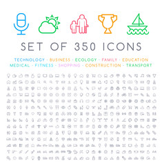Fototapete - Set of 350 Modern Thin Stroke Colored Icons  ( Multimedia Business Ecology Education Family Medical Fitness Shopping Construction Travel Hotel )