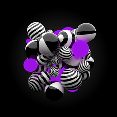 Poster - 3d render background. Reflective materials. Stripe patterns and glow spheres form abstract massive figure in the center of the frame.