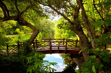 A Romantic Colonial Bridge  In Williamsburg Virginia Immersed In A Green Woodland With A Beautiful Reflecting Water Pond.