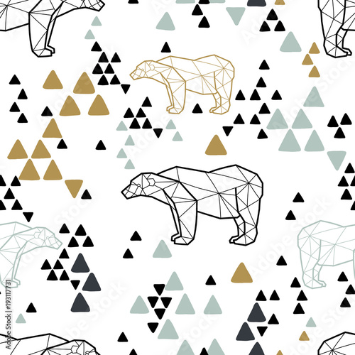 Fotomural Seamless tribal pattern with low poly polar bears and triangles