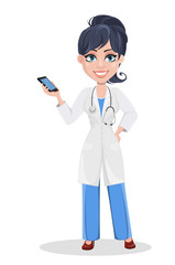 Poster - Beautiful cartoon character medic holding smartphone