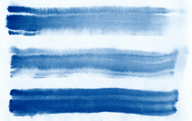 Watercolor. Blue abstract painted ink strokes set on watercolor paper. Ink strokes. Flat kind brush stroke.