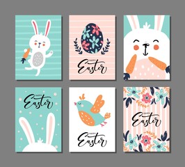 Wall Mural - Happy Easter greeting card with rabbit, bird and lettering text. Set of 6 postcard templates with message.