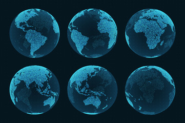 earth hologram from different angles. set of hud elements. blue world map on a dark background with 
