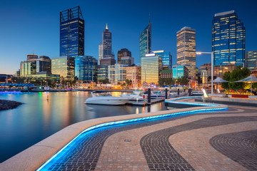 perth. cityscape image of perth downtown skyline, australia during sunset.