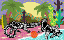 Crocodile With Seal On The Beach With Palm Trees