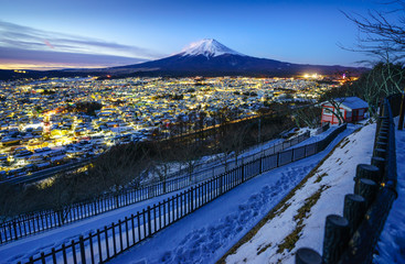 Fototapete - Mt Fuji and Fujiyoshida city at twilight, Japan