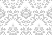 Wallpaper In The Style Of Baroque. A Seamless Vector Background. White And Grey Floral Ornament. Graphic Vector Pattern.