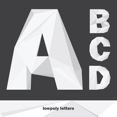 Poster - Lowpoly letters A B C D isolated on dark background. English alphabet in shades of grey. Vector illustration