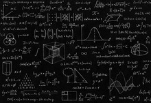 Mathematic, Geometry, Physic Formula And Symbol On Black Background.
