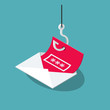 Phishing Scam vector symbol with envelope, red message and fishing hook isolated on blue background. Flat design, easy to use for your website or presentation.