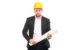 © Mediaphotos - Portrait of architect wearing suit and yellow hardhat holding project plan on white background