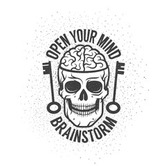 Wall Mural - Retro emblem with a human brain in the skull and old keys. With the inscription - open your mind. Worn textures and dots on separate layers and can be disabled.