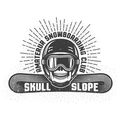 Wall Mural - snowboarding retro logo with skull in helmet and sports goggles. worn textures and dots on separate 