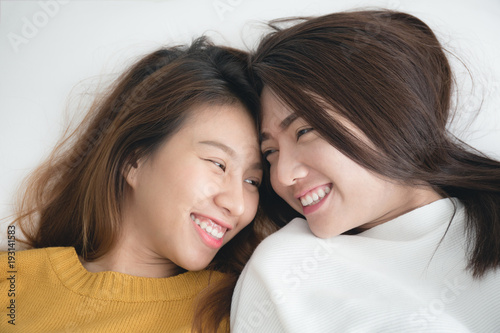 Couple Of Young Asian Women On White Bed With Happiness Momentlesbian