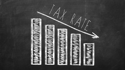 2018 saving money and financial planning concept. Diagram with arrow showing declining tax rate