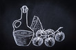 Hand Drawn Chalk Illustration on Blackboard with Composition of Traditional Ingredients of Italian Cuisine. Olive Oil Bottle Chunk of Cheese Tomatoes on Branch. Menu Poster Recipe Concept