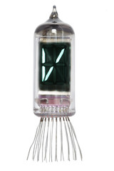 The real Nixie tube indicator of the alphabet of retro style, isolated on white background. Display with green backlight. Letter V