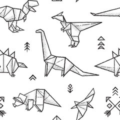 Wall Mural - Origami dinosaurs seamless pattern in black and white colors. Hand drawn vector illustration