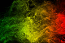 Abstract Background Smoke Curves And Wave Reggae Colors Green, Yellow, Red Colored In Flag Of Reggae Music