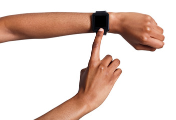 Mockup of hand wearing smart watch, cutout