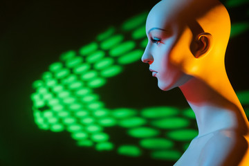 Poster - The trunk of a woman. Female mannequin. A woman is a robot. Creating a robot. Cyber intelligence. Robotics. Programming the robot. Mannequin against a background of green lamps.