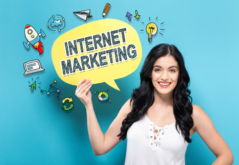 Internet Marketing with young woman holding a speech bubble