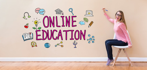 Wall Mural - Online Education with young woman holding a pen in a chair