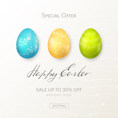 Wall Mural - Elegant template for sale banner for holiday with text Happy Easter and colored eggs with floral pattern. Festive vector background for design of flyers and posters with promotional discount offers.