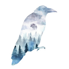 Wall Mural - a raven with watercolor landscape inside