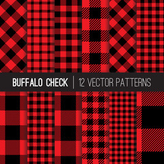 Wall Mural - Classic Lumberjack Red and Black Buffalo Check Plaid Vector Pixel Patterns. Flannel Shirt Textile Prints. Trendy Hipster Style Backgrounds. Repeating Pattern Tile Swatches Included.