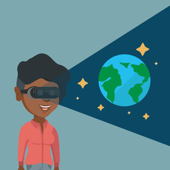 Canvas Print - Young african-american gamer wearing futuristic virtual reality headset and looking at open space with earth model and stars. Woman playing virtual game. Vector cartoon illustration. Square layout.