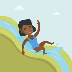 Sticker - Young african-american woman riding down a waterslide in aquapark. Happy woman having fun on a water slide in waterpark. Woman going down a water slide. Vector cartoon illustration. Square layout.