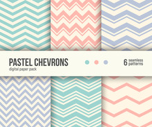 Digital Paper Pack, Set Of 6 Abstract Seamless Patterns. Abstract Geometric Backgrounds. Vector Illustration. Pale Pastel Chevron Patterns. Blush Pink, Mint Aqua Blue And Lilac Pastels.