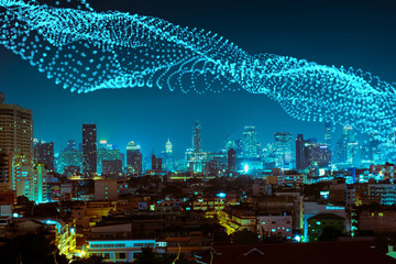 Poster - abstract dot and line connection over night city